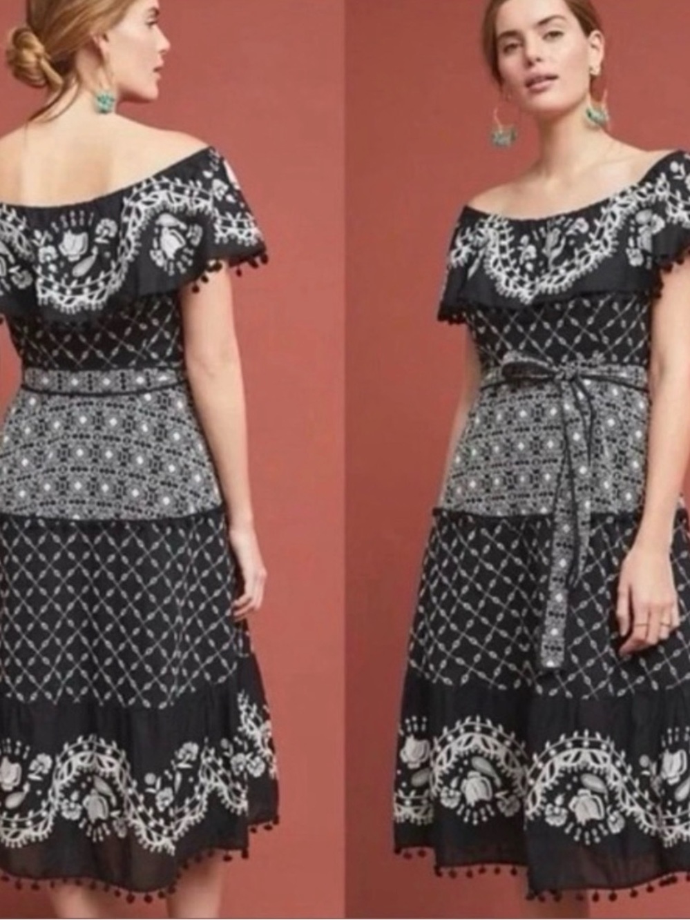 Anthropologie 6P Marisol off shoulder Black and White embroidered midi Dress Pom